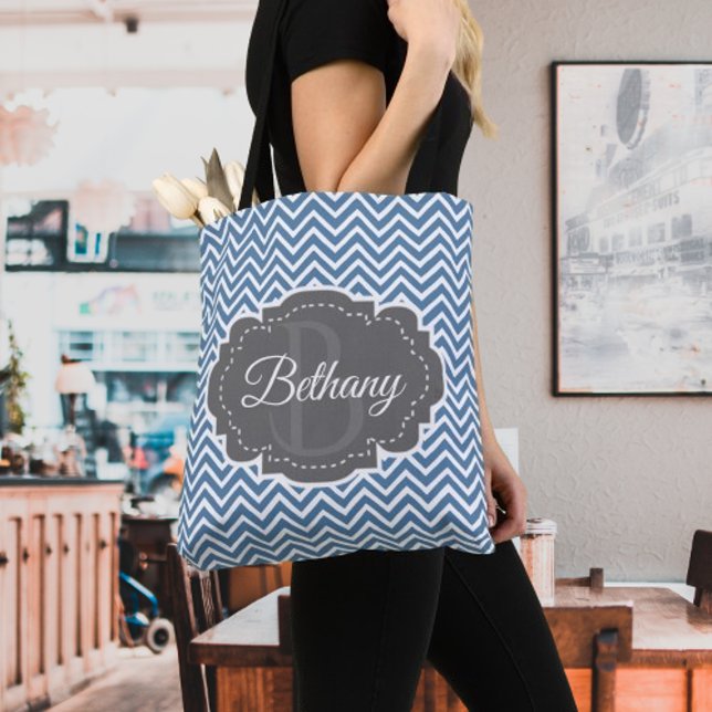 Blue Chevron Personlig Tote Bag Tygkasse (Blue Chevron Personalized Tote Bag)