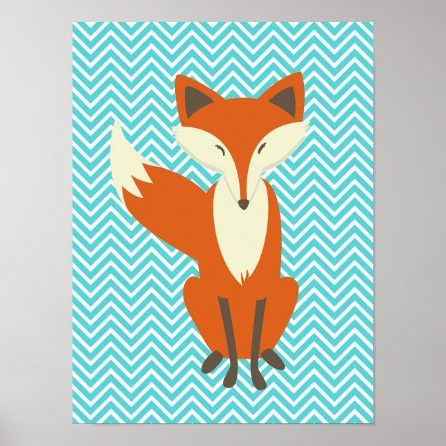 Blue Chevron Sly Fox Nursery Art Poster (Framsidan)