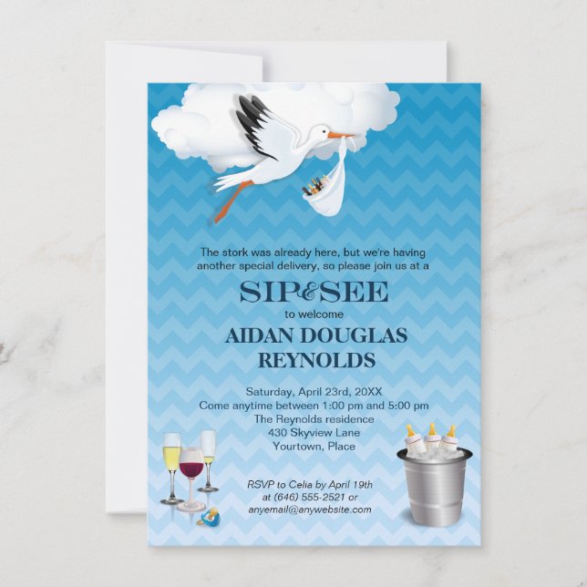 Blue Chevron Stork Baby Sip och Se Party Inbjudningar (Framsida)