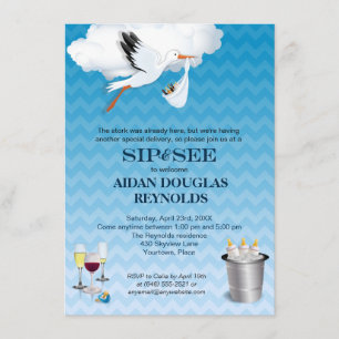 Blue Chevron Stork Baby Sip och Se Party Inbjudningar
