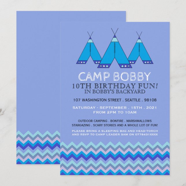 Blue Chevron Tipi, Camping Birthday Inbjudningar (Fram/baksida)