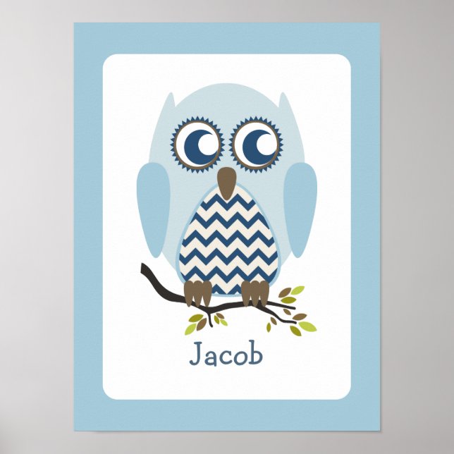 Blue + Chevron Uggla Personlig Nursery Artwork Poster (Framsidan)