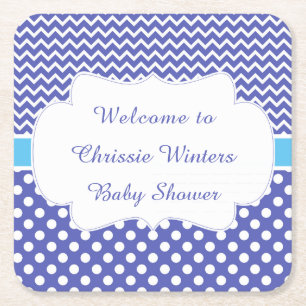 Blue Chevron & White Polka dots Baby Shower Party Underlägg Papper Kvadrat