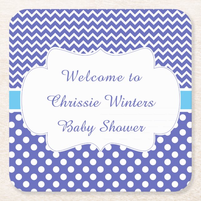Blue Chevron & White Polka dots Baby Shower Party Underlägg Papper Kvadrat (Framsidan)