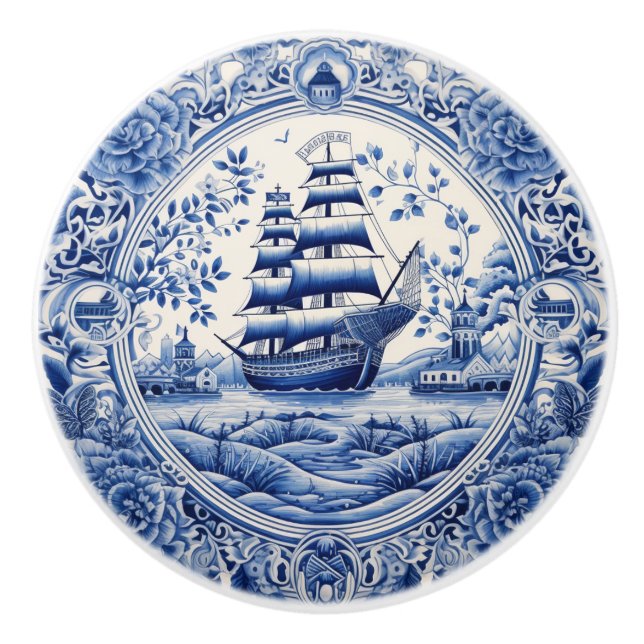 Blue China Inspired Nautical Frakt Knob Knopp (Framsidan)