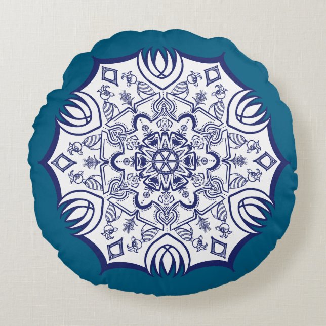 Blue China Mandela Rund Kudde (Framsidan)