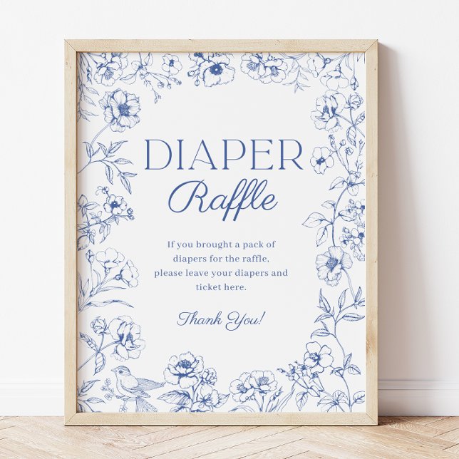 Blue Chinoiserie Baby Shower Diaper Raffle Sign Poster (Blue Chinoiserie Baby Shower Diaper Raffle Sign)