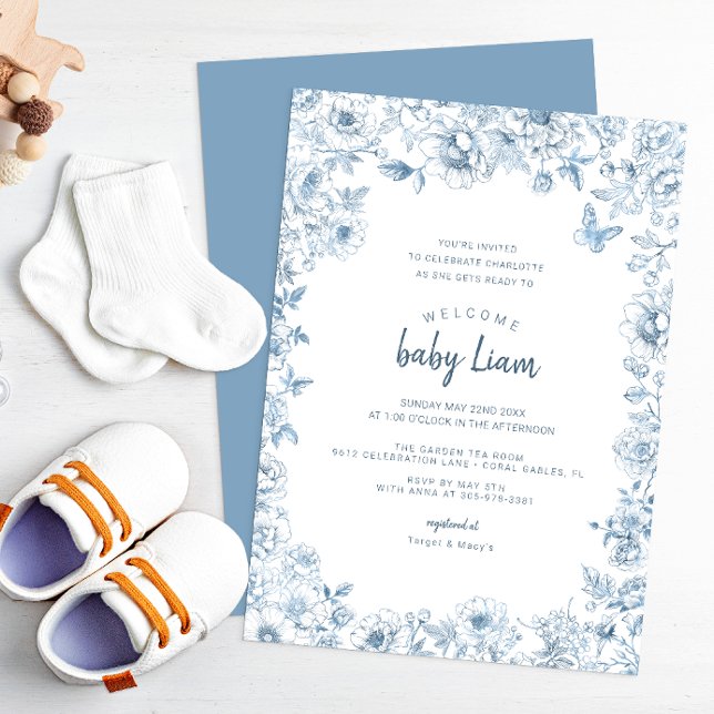 Blue Chinoiserie Baby Shower Inbjudan for Boy (Dusty Blue Baby Shower Invitation)
