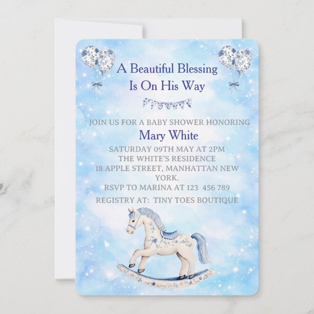 Blue Chinoiserie Baby Shower Invitation Inbjudningar (Framsida)