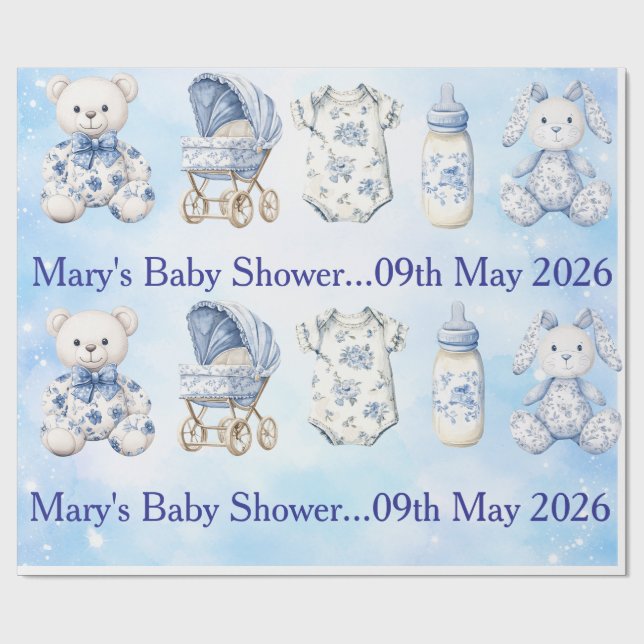 Blue Chinoiserie Baby Shower Wrapping Paper Presentpapper (Platt)