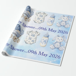 Blue Chinoiserie Baby Shower Wrapping Paper Presentpapper