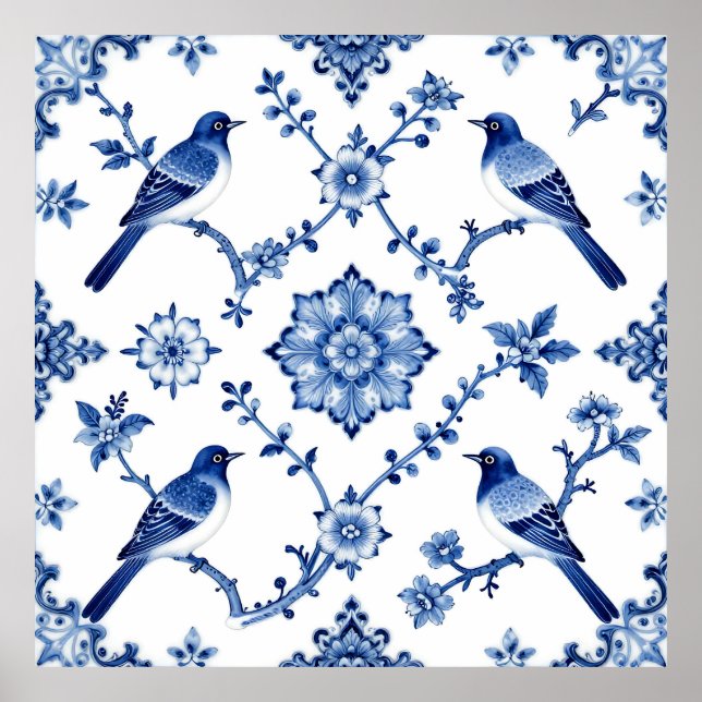 Blue Chinoiserie Bird Floral Pattern Poster (Framsidan)