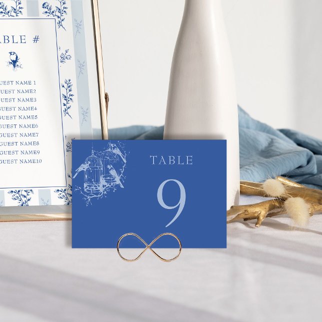 Blue Chinoiserie Birdcage Bröllop Bordsnummer (Blue Wedding Table Number Card from Chinoiserie Wedding Collection by Darling & May)