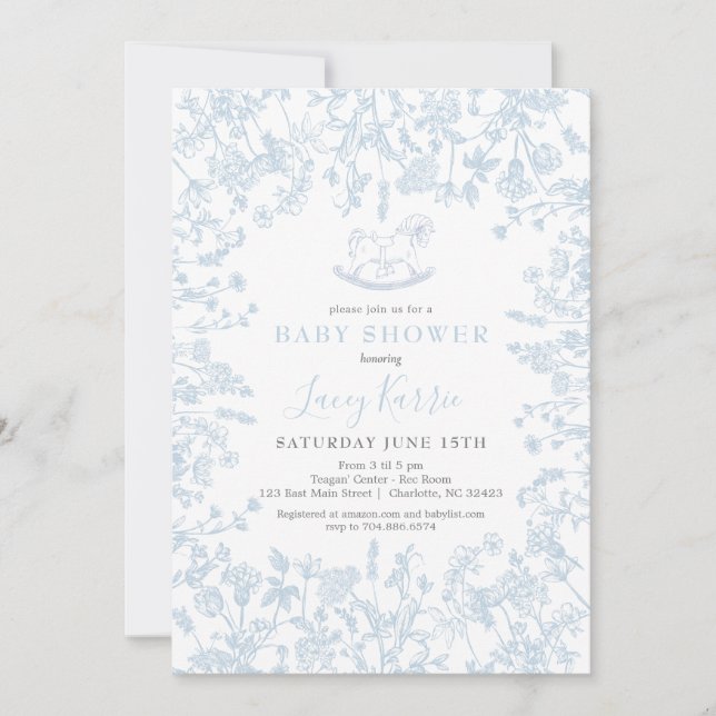 Blue Chinoiserie blommigt Baby Shower-inbjudan, Inbjudningar (Framsida)