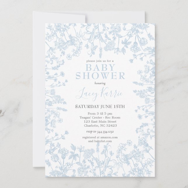 Blue Chinoiserie Blommigt Baby Shower-inbjudan, Inbjudningar (Framsida)