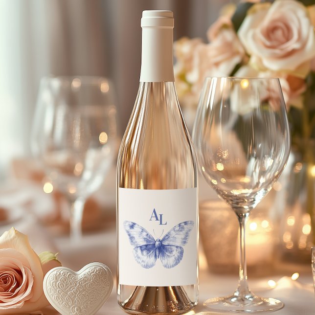 Blue Chinoiserie Blommigt Botanical Bröllop Vinflaska Etikett (Skapare uppladdad)