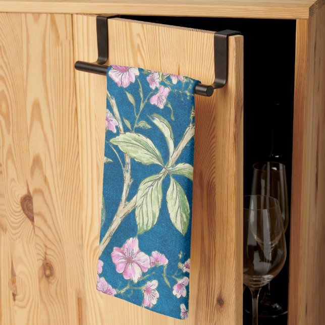 Blue Chinoiserie-blommigt Kökshandduk (Thirds Fold)