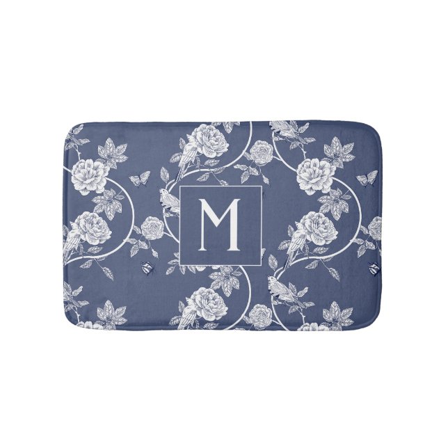 Blue Chinoiserie Blommigt Monogram Badrumsmatta (Framsidan)