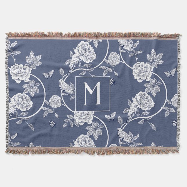 Blue Chinoiserie Blommigt Monogram Filt (Framsidan)