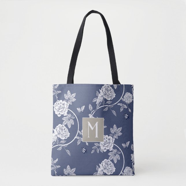 Blue Chinoiserie Blommigt Monogram Tygkasse (Framsida)