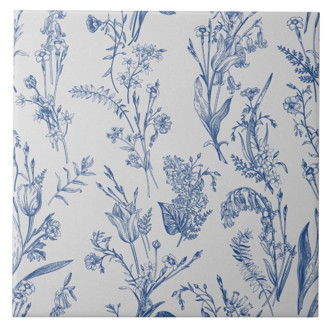 Blue Chinoiserie Blommigt Vintage Kakelplatta (Framsidan)