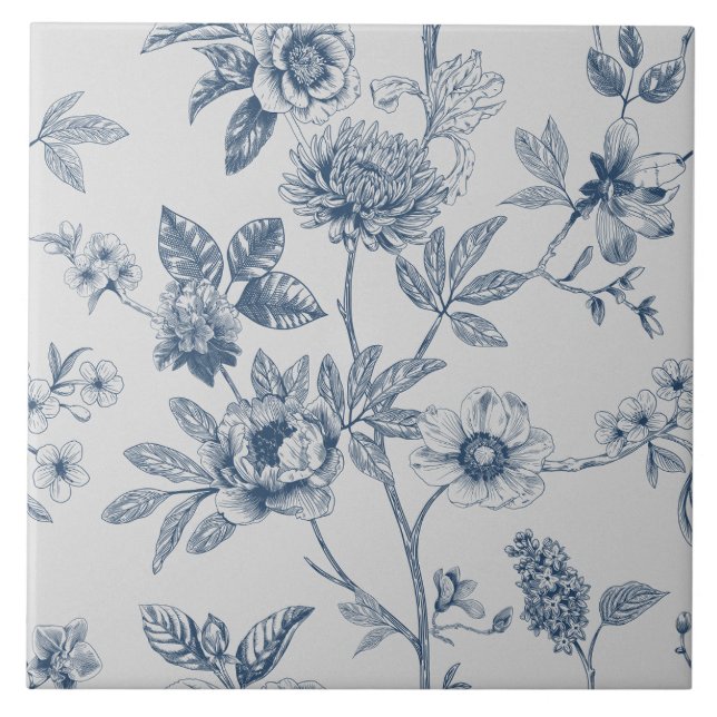 Blue Chinoiserie Blommigt Vintage Kakelplatta (Framsidan)