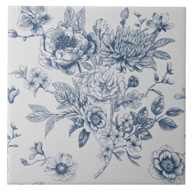 Blue Chinoiserie Blommigt Vintage Kakelplatta (Framsidan)