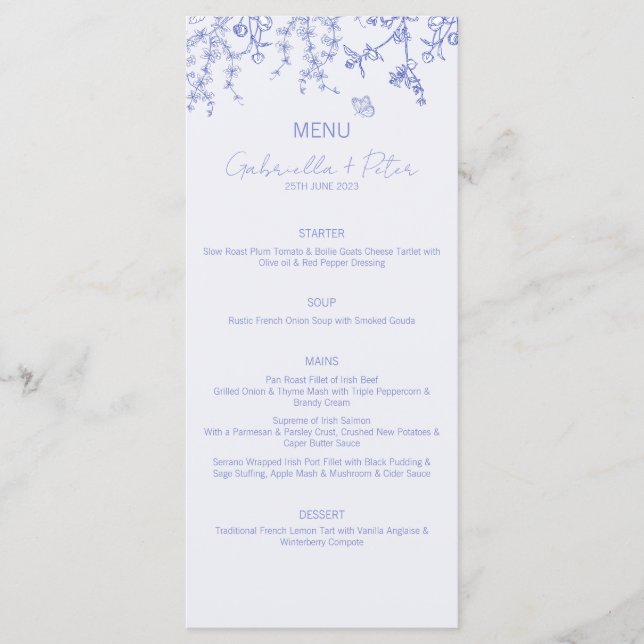 Blue Chinoiserie Bröllop Menu Meny (Framsida)