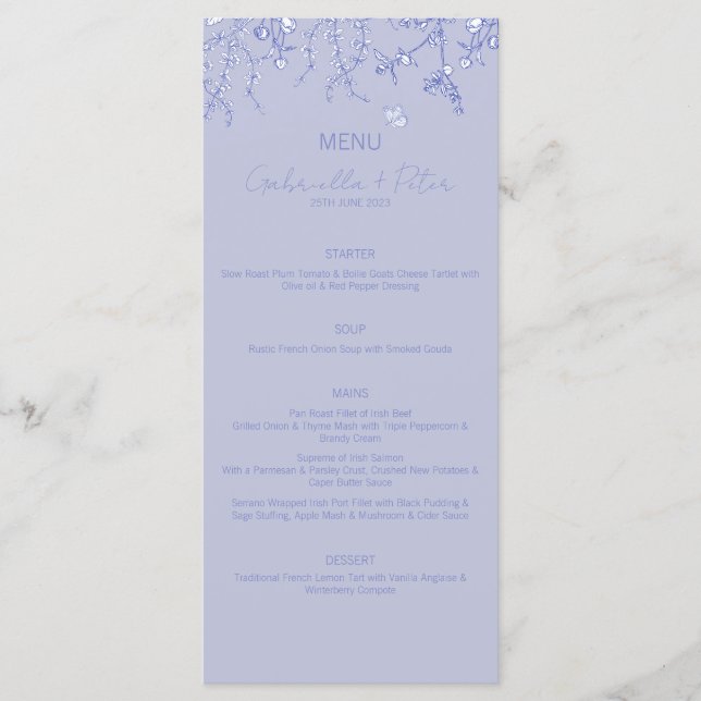 Blue Chinoiserie Bröllop Menu Meny (Framsida)