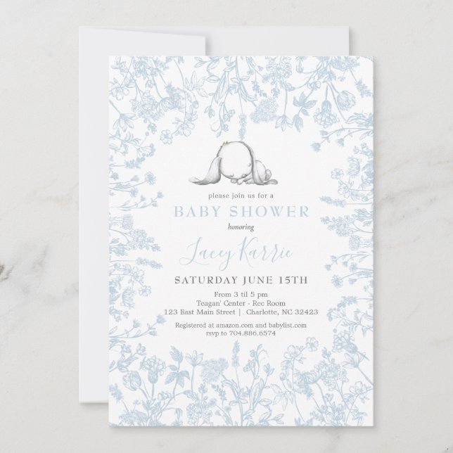 Blue Chinoiserie bunny Baby Shower-inbjudan, Inbjudningar (Framsida)