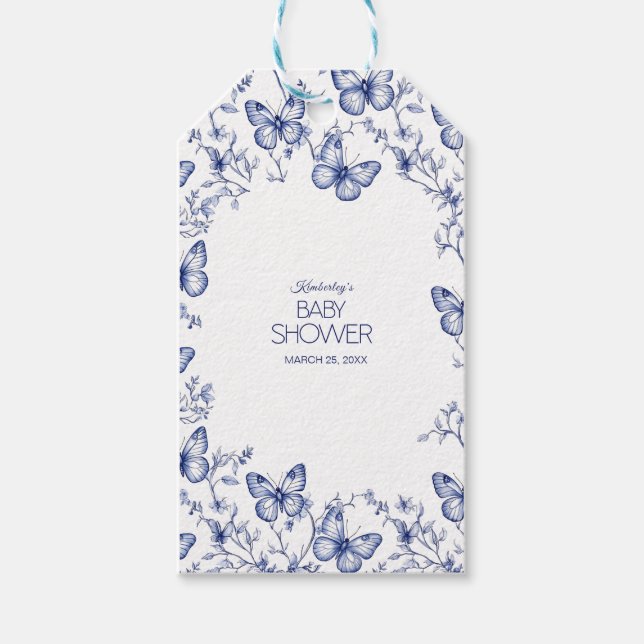 Blue Chinoiserie Butterfly Baby Shower Gift Märkre Presentetikett (Framsidan)