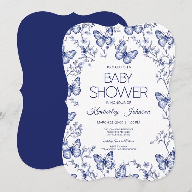 Blue Chinoiserie Butterfly Baby Shower-inbjudan (Fram/baksida)