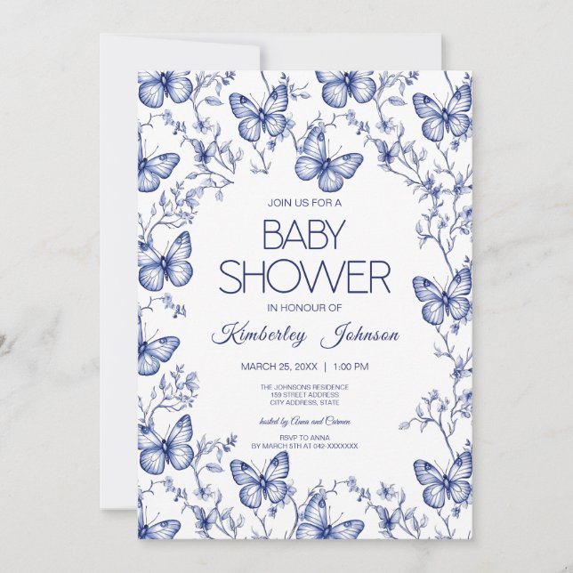 Blue Chinoiserie Butterfly Baby Shower-inbjudan Inbjudningar (Framsida)