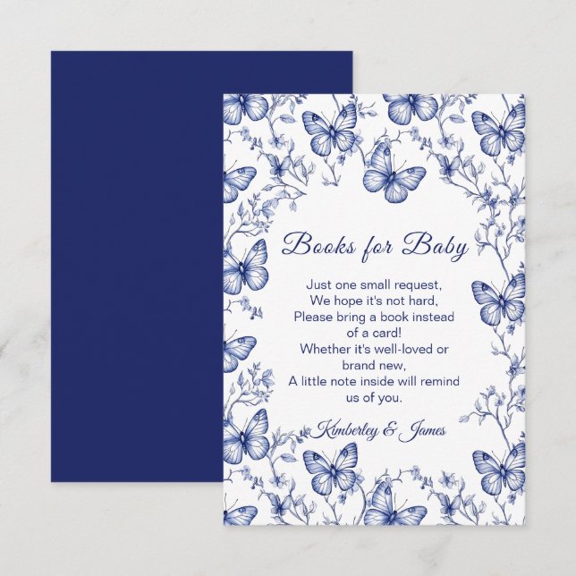 Blue Chinoiserie Butterfly Bokar for Baby Shower Tilläggskort (Fram/baksida)