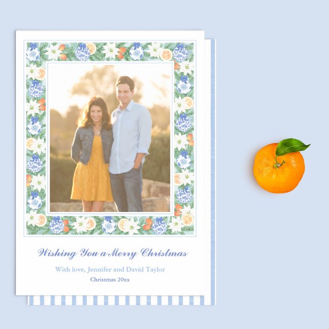 Blue Chinoiserie Chic Citrus God jul Photo Julkort (Blue And White Chinoiserie With Citrus Greenery Frame Family Picture Holidays Card)
