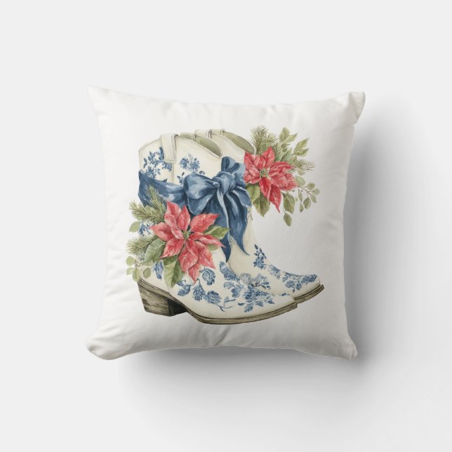Blue Chinoiserie Christmas Cowgirl Boots Pillow Kudde (Framsida)