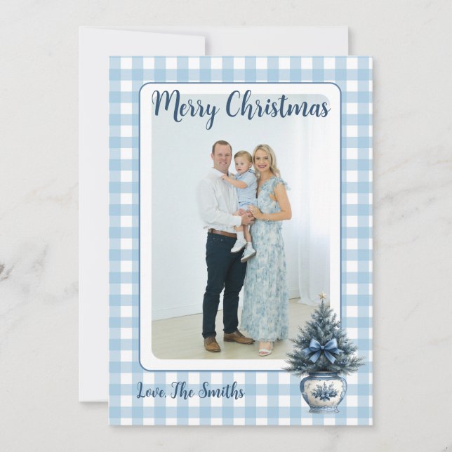 Blue Chinoiserie Christmas tree Grandmillenial Julkort (Framsida)