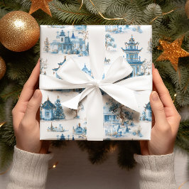 Blue Chinoiserie Christmas Village Wrapping Paper Presentpapper
