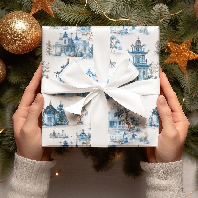Blue Chinoiserie Christmas Village Wrapping Paper Presentpapper (Skapare uppladdad)
