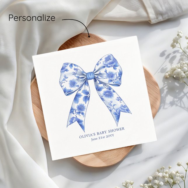 Blue Chinoiserie Coquette Bow Baby Shower Pappersservett (Skapare uppladdad)