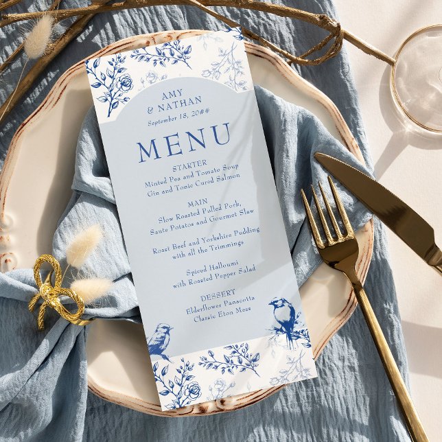 Blue Chinoiserie Elegant Blommigt Bröllop Meny (Wedding Menu from Chinoiserie Wedding Collection by Darling & May)