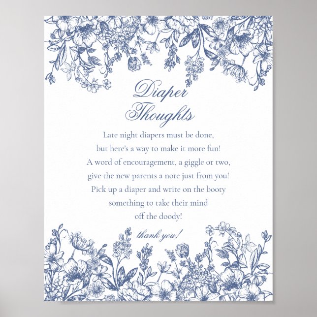 Blue Chinoiserie Flora Diaper Thoughts Baby Shower Poster (Framsidan)
