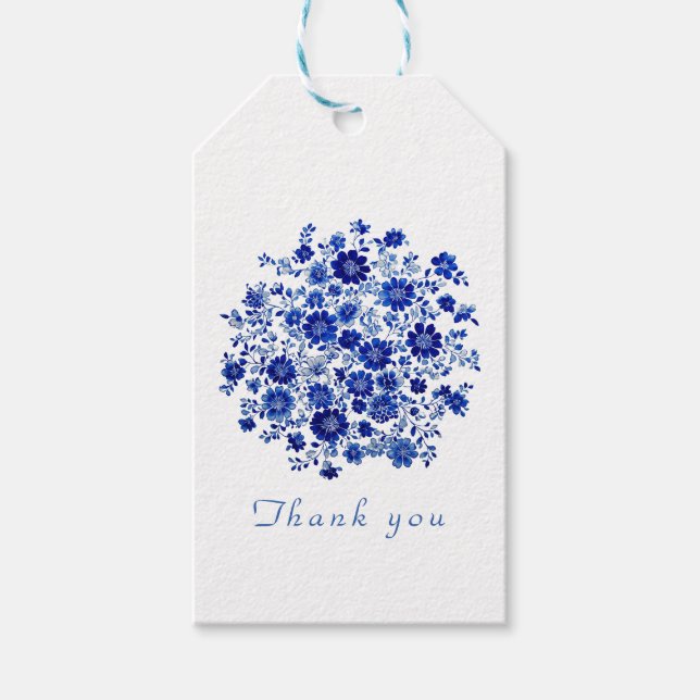 Blue Chinoiserie Floral bouquet Wedding Thank You Presentetikett (Framsidan)