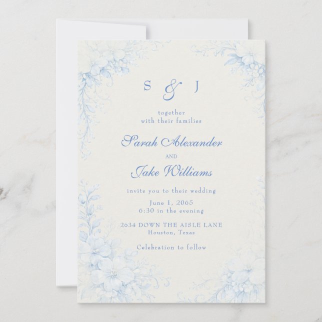 Blue Chinoiserie Floral Cream Wedding Inbjudningar (Framsida)