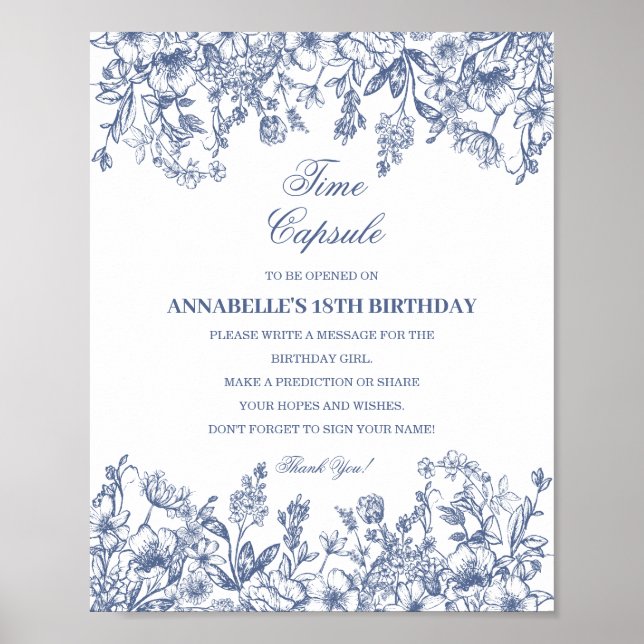 Blue Chinoiserie Floral Time Capsule Baby Birthday Poster (Framsidan)