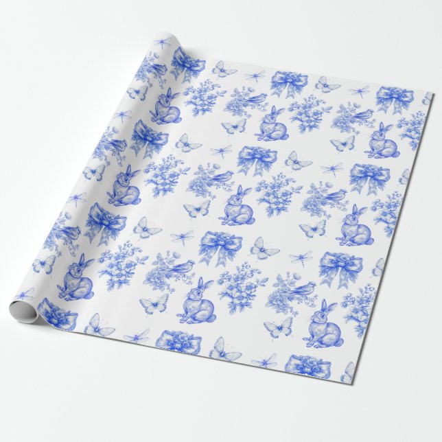 Blue Chinoiserie Garden Rabbit Presentpapper (Utrullad)