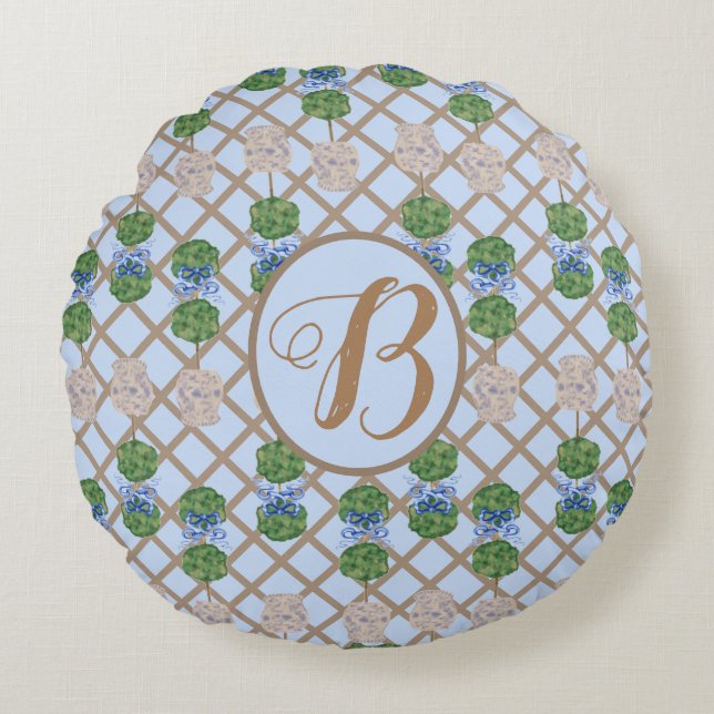 Blue Chinoiserie Ginger Burk Burk Topiary basket R Rund Kudde (Framsidan)