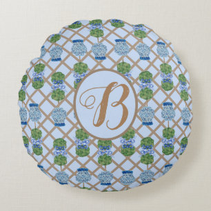 Blue Chinoiserie Ginger Burk Burk Topiary basket Rund Kudde