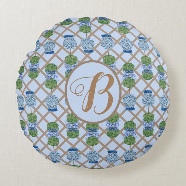 Blue Chinoiserie Ginger Burk Burk Topiary basket Rund Kudde (Framsidan)