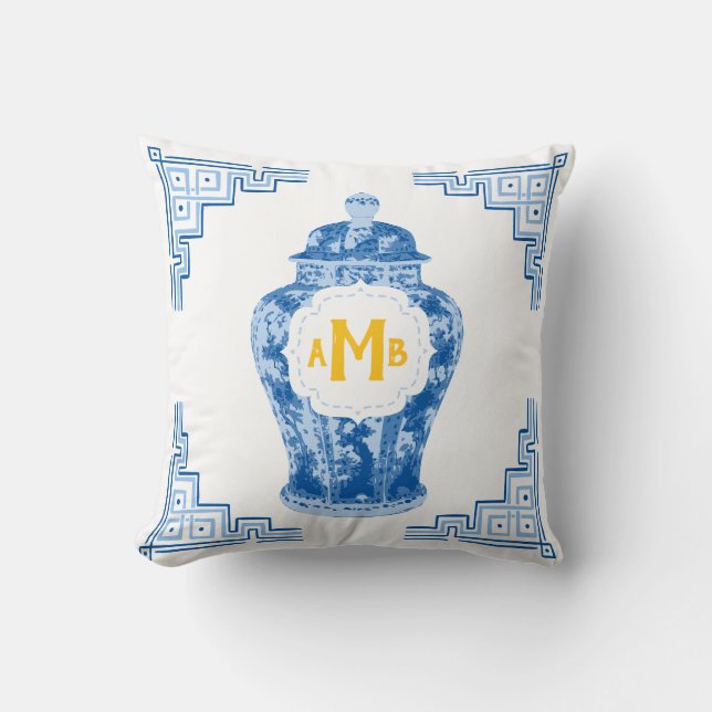 Blue Chinoiserie Ginger Burk Monogram Kudde (Framsida)